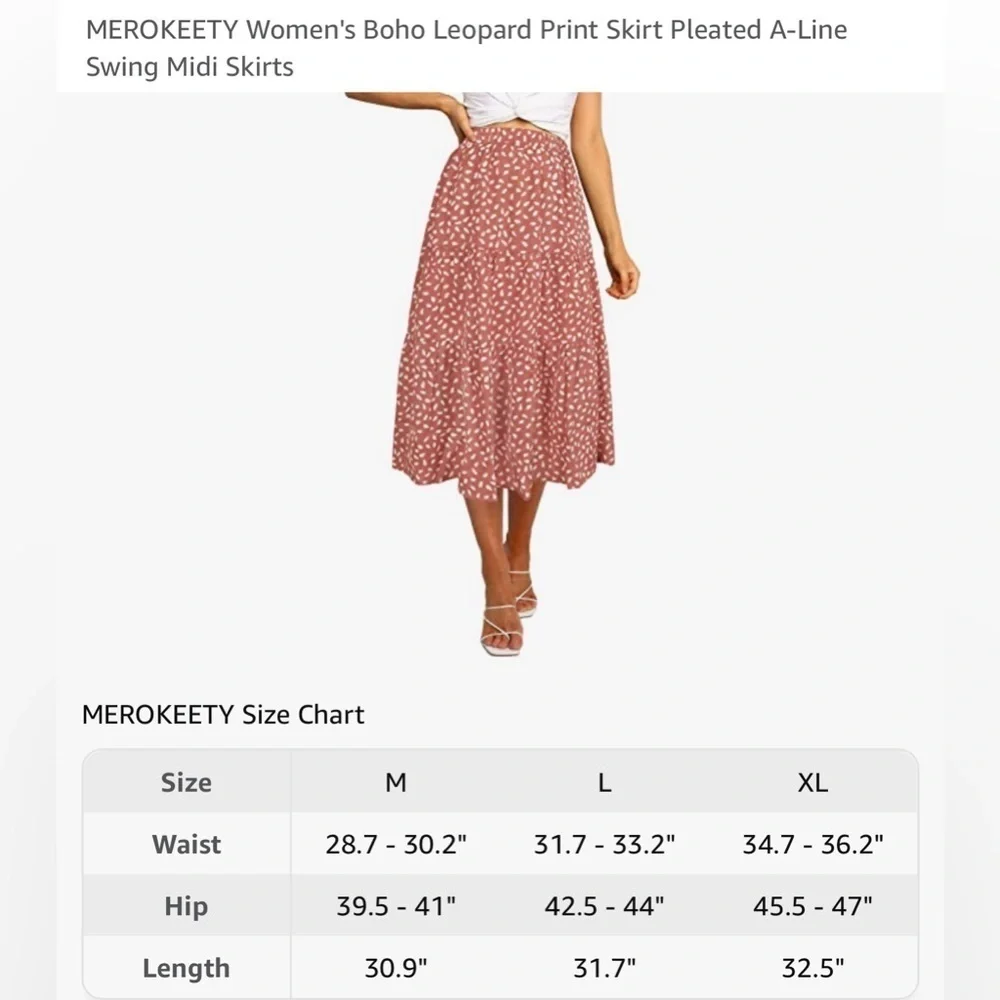 NWT MEROKEETY Women's Boho Leopard Print Skirt Pleated A-Line Swing Midi Skirts